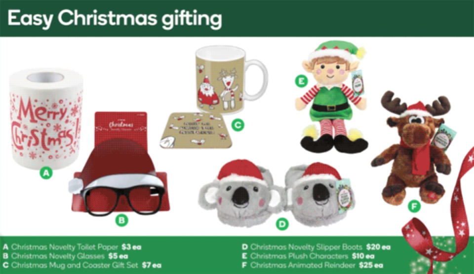 Screenshot of various Christmas-themed gifts in a Woolworths catalogue. Photo: Woolworths.