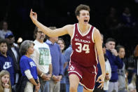 Oklahoma's Jacob Groves reacts after a basket during the first half of an NCAA college basketball game against Villanova, Saturday, Dec. 3, 2022, in Philadelphia. (AP Photo/Matt Slocum)