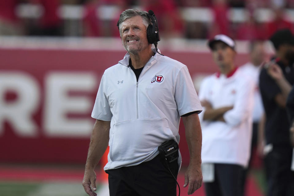 Utah head coach Kyle Whittingham looks at the scoreboard during the first half of the team's NCAA college football game against Florida on Thursday, Aug. 31, 2023, in Salt Lake City. (AP Photo/Rick Bowmer)