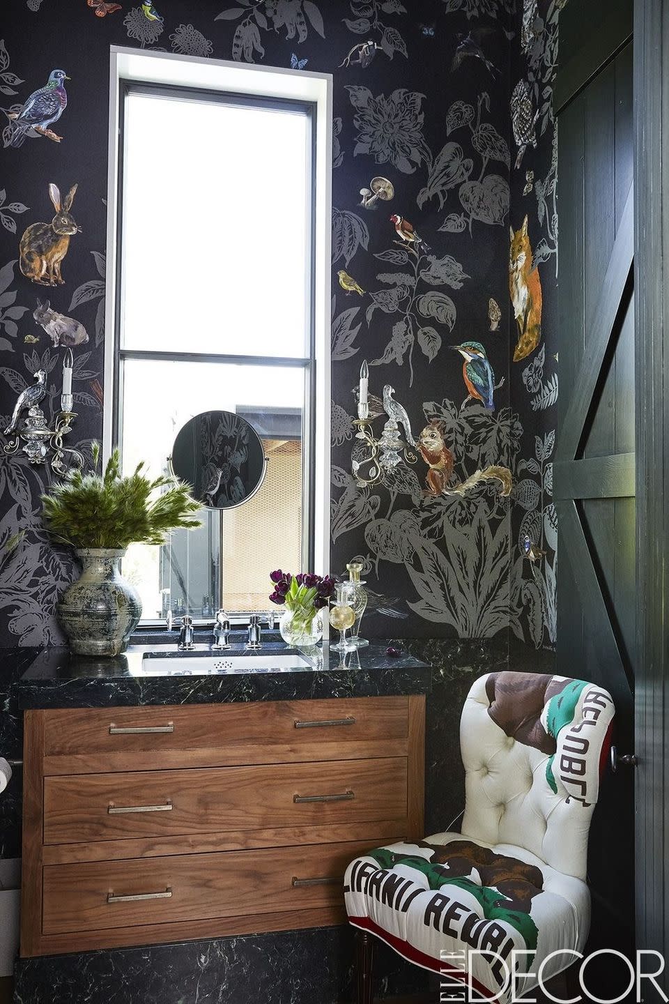 black bathroom with california flag print chair