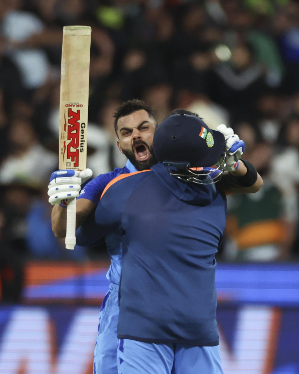 India's Virat Kohli reacts after winning the T20 World Cup cricket match against Pakistan in Melbourne, Australia, Sunday, Oct. 23, 2022. (AP Photo/Asanka Brendon Ratnayake)