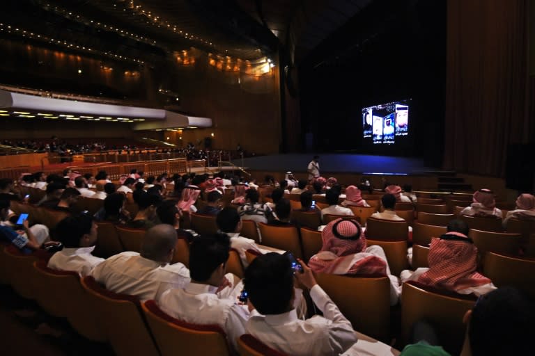 Saudis attend the "Short Film Competition 2" festival at King Fahad Culture Center in Riyadh