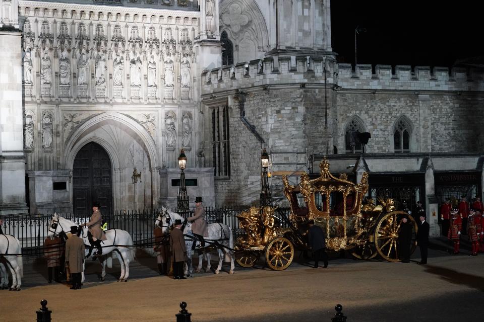 A night time rehearsal in central London for the coronation of King Charles III, which will take place this weekend. Picture date: Wednesday May 3, 2023.