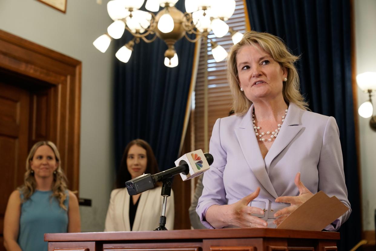 Sen. Cindy Holscher, D-Overland Park, talks about how the Kansas Senate is having a hearing about changing the statue of limitation laws in place for child sex abuse cases. Holscher spoke during a news conference Wednesday at the Statehouse.
