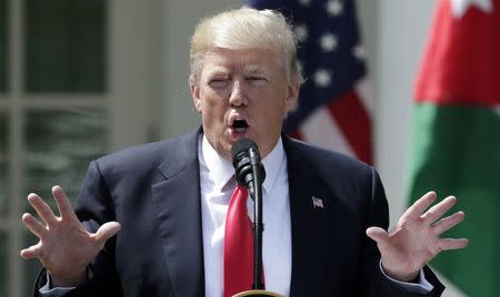 U.S. President Donald Trump speaks during a joint news conference with Jordan's King Abdullah (not pictured) in the Rose Garden after their meeting at the White House in Washington, U.S., April 5, 2017. REUTERS/Yuri Gripas