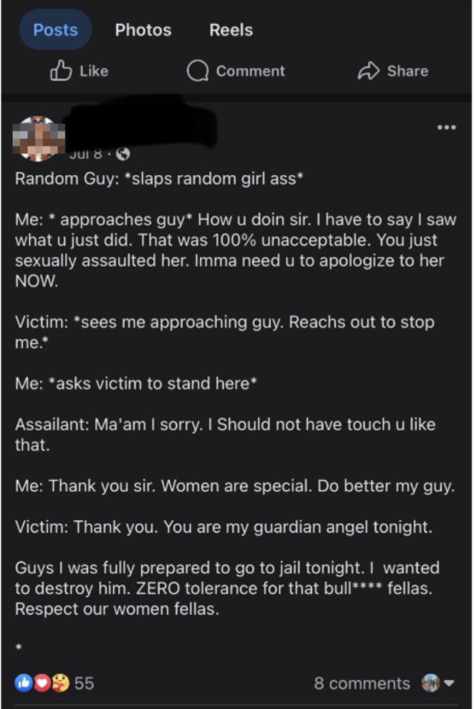 Man approaches guy who randomly slapped a girl's ass and says "you sexually assaulted her," tells him to apologize, which the assailant does, and the woman calls him her guardian angel; guy says he was "prepared to go to jail"