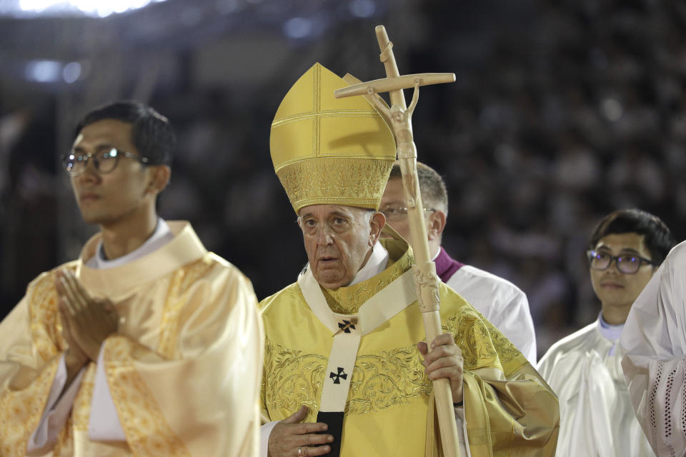 Pope Francis celebrates a Mass at the National Stadium, Thursday, Nov. 21, 2019, in Bangkok, Thailand. (AP Photo/Gregorio Borgia)