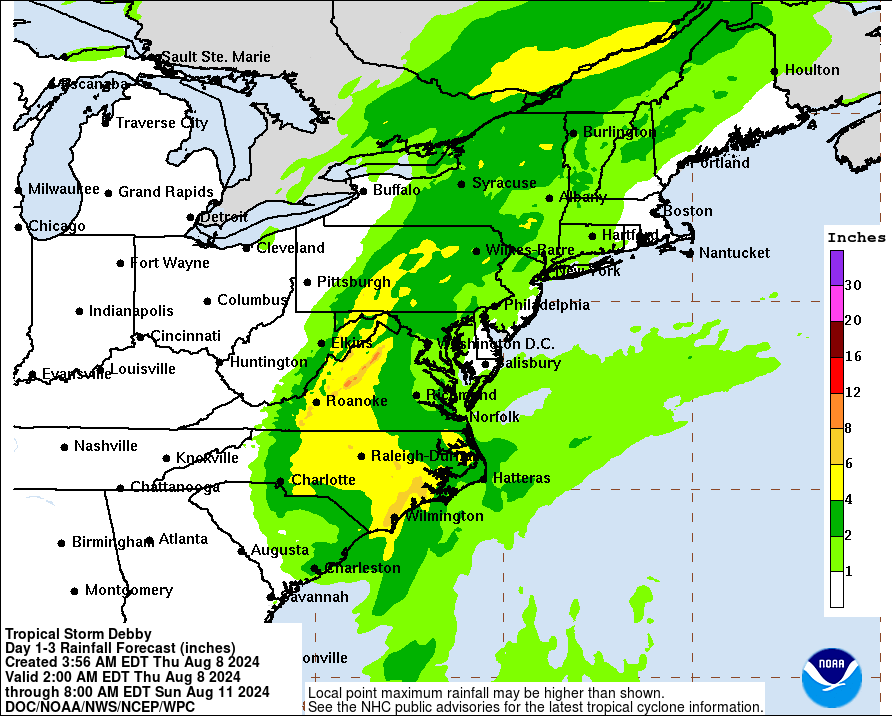 Weather map of East Coast of U.S. titled Tropical Storm Debby, Day 1-3 Rainfall Forecast (inches), which includes areas along East Coast highlighted in shades of green and yellow to indicate predicted rainfall levels.