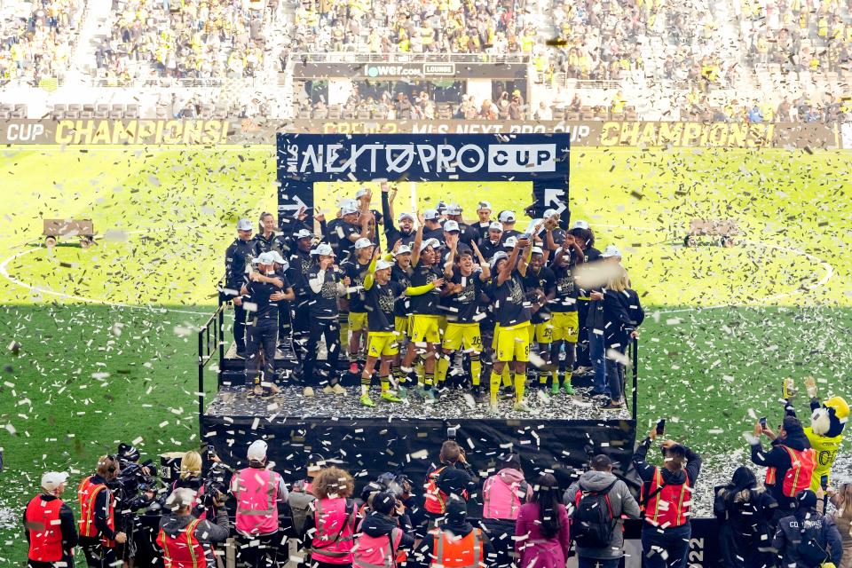 Oct 8, 2022; Columbus, Ohio, USA; Confetti rains down as the Columbus Crew 2 receive their trophy following the 4-1 win over St. Louis CITY2 in the MLS NEXT Pro Cup Championship at Lower.com Field. Mandatory Credit: Adam Cairns-The Columbus Dispatch