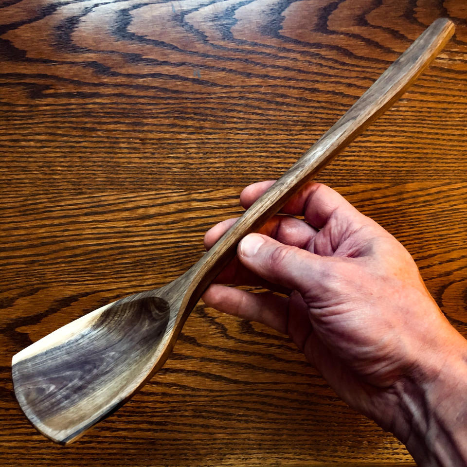 This undated photo provided by Charles Trella shows a carved wooden spoon, one of many he’s made over the years. (Charles Trella via AP)