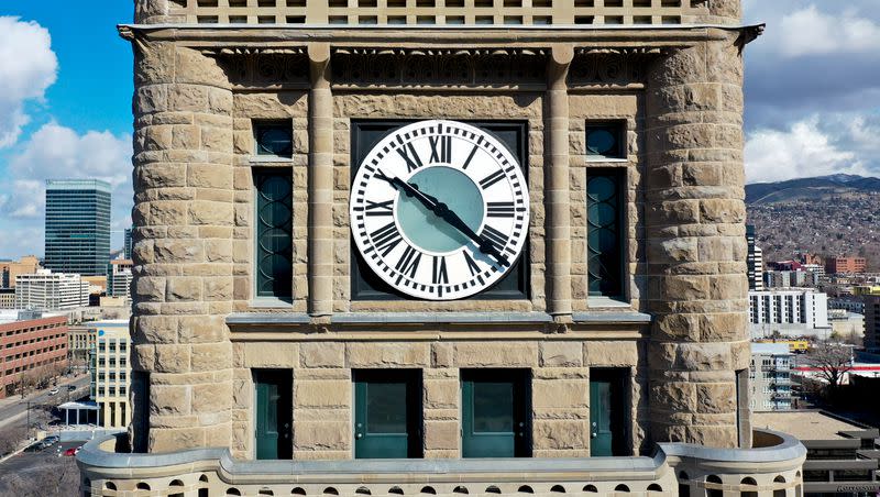 The clock tower on the City-County Building is pictured in Salt Lake City on Wednesday, March 10, 2021. Daylight saving time begins March 12 at 2 a.m.