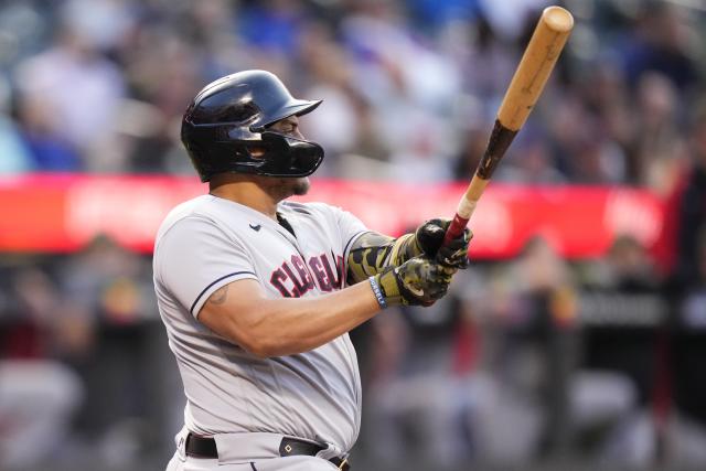 Cleveland Guardians' Josh Naylor follows through on a three-run home run during the first inning of a baseball game against the New York Mets, Friday, May 19, 2023, in New York. (AP Photo/Frank Franklin II)