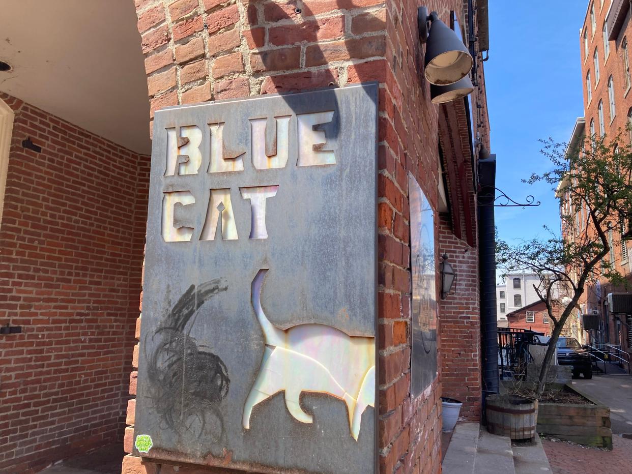 A sign for the Blue Cat Steak and Wine Bar at 1 Lawson Lane in Burlington, shown May 3, 2024.