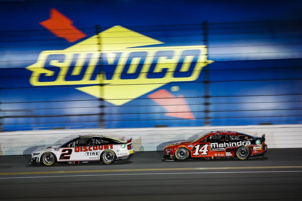 Mitchell's Chase Briscoe (14) drafts behind eventual winner Austin Cindric at the Daytona 500 in February.