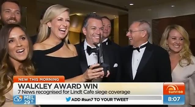 Melissa Doyle, Greg Parker and Chris Reason at the Walkey awards. Photo: Sunrise