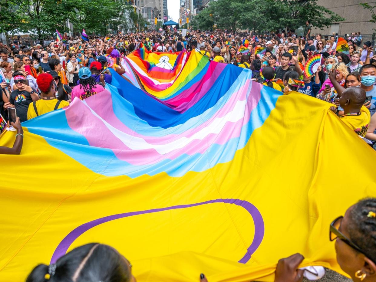A giant textile flag including diverse symbols of the LGBTQ+ community is surrounded by a crowd of people in Bloor Street during Pride Parade.
