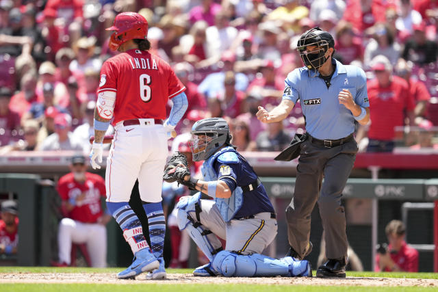 A powder-blue ribbon is displayed on the uniform of Cincinnati Reds first  baseman Joey Votto in honor of Father's Day during a baseball game against  the Milwaukee Brewers, Sunday, June 19, 2022