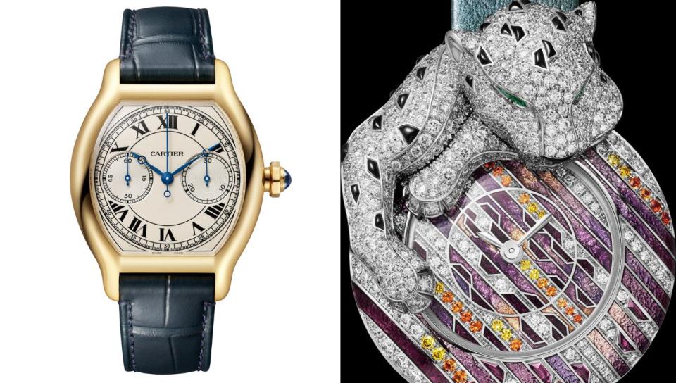 From L to R:  Cartier Privé Tortue Monopoussoir Chronograph watch; Animal Jewellery watch. (PHOTO: Cartier)