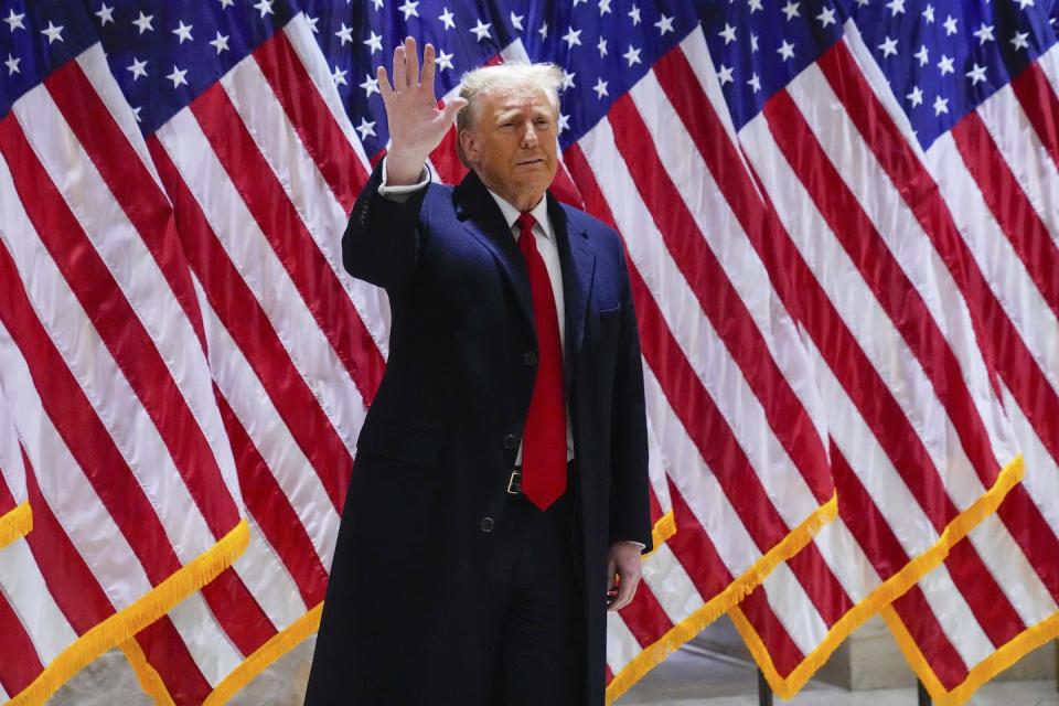 Donald Trump waves to supporters after a news conference in New York City on Jan. 17, 2024. <a href="https://newsroom.ap.org/detail/TrumpColumnistLawsuit/feb6bef6c1bc4f5993258a379d3dd5c9/photo" rel="nofollow noopener" target="_blank" data-ylk="slk:AP Photo/Frank Franklin II;elm:context_link;itc:0;sec:content-canvas" class="link ">AP Photo/Frank Franklin II</a>