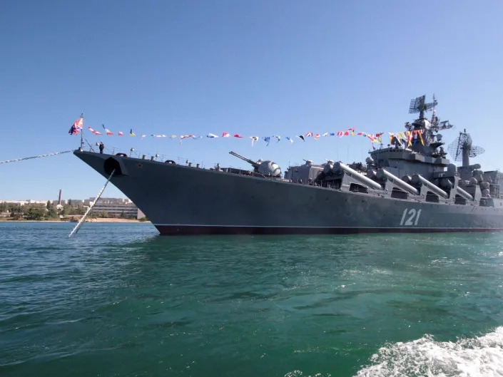 The Russian missile cruiser &quot;Moskva&quot; moored on a sunny day in 2013 in Sevastopol