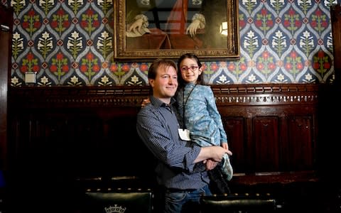 Five-year-old Gabriella Zaghari-Ratcliffe with her father Richard during a press conference at the Houses of Parliament, following Gabriella's return to the UK so she can attend school. - Credit: PA