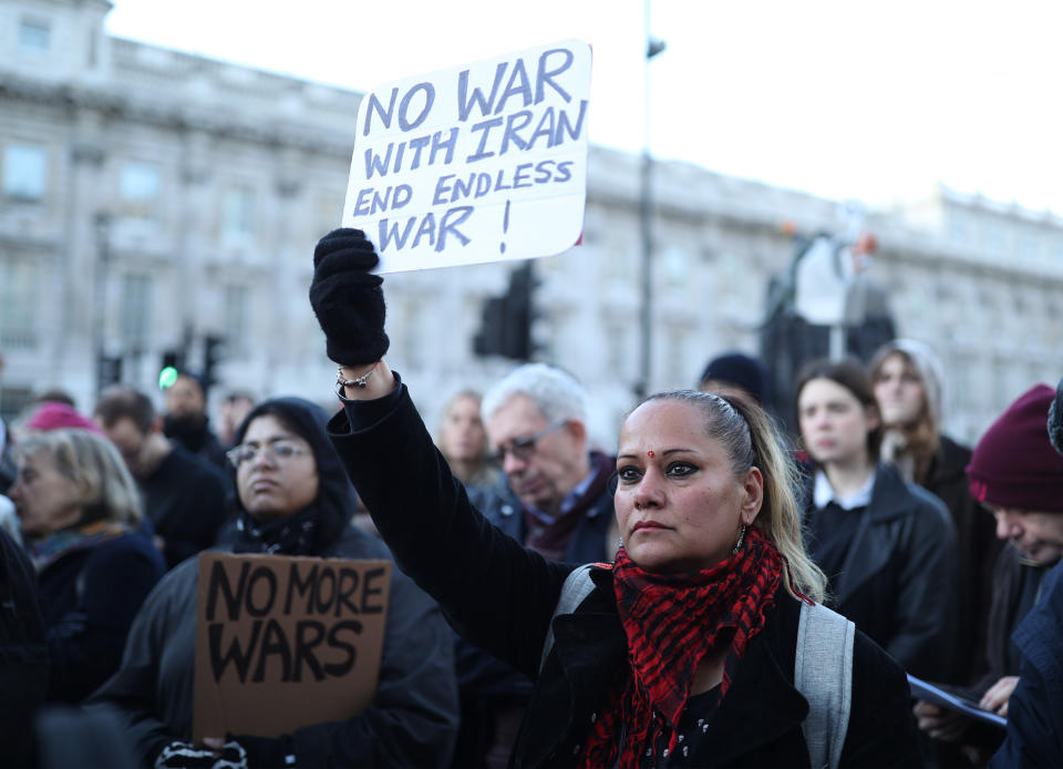 A protest by the Stop the War Coalition against the threat of war with Iran opposite Downing Street in Whitehall, London.