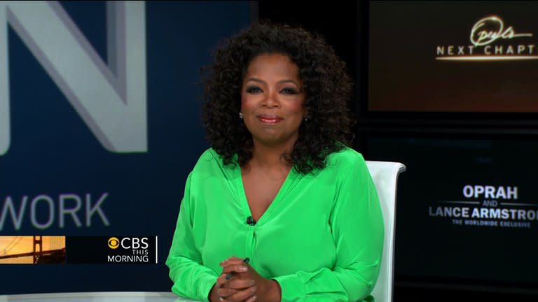 Frame grab obtained January 15, 2013, courtesy of CBS News shows Oprah Winfrey on "CBS This Morning" as she discusses her upcoming interview with Lance Armstrong. Winfrey's exclusive interview with Lance Armstrong is a coup for the talk show diva as she strives to pull her upstart OWN network to the front of the crowded TV peloton
