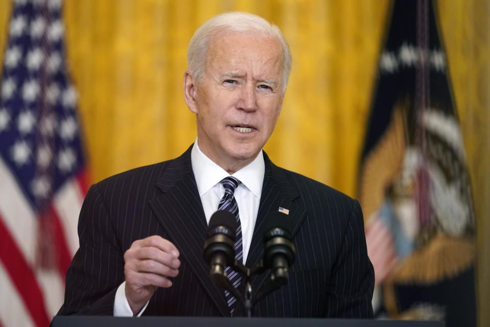 President Joe Biden speaks about COVID-19 vaccinations, from the East Room of the White House, Thursday, March 18, 2021, in Washington. (AP Photo/Andrew Harnik)