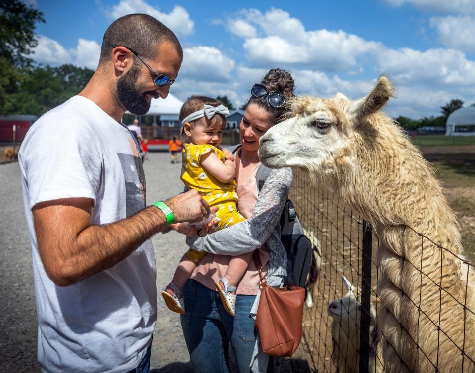 Eric and Kali Roscoe with their daughter Ava spend time feeding animals at Lucky Ladd Farms in Eagleville Sunday, Sept. 20, 2020.