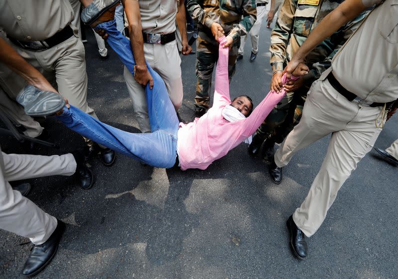 Protest against farm bills passed by India's parliament, in New Delhi