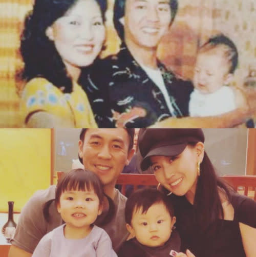 Ti Lung and wife with baby Shaun (above), Shaun and his own family (below)