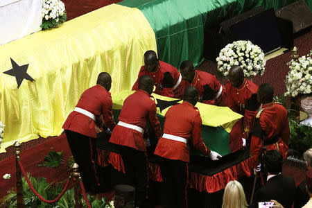 Honour guard carry the flag-draped casket of the former United Nations Secretary General Kofi Annan, who died in Switzerland, during the funeral service at the international Conference Centre in Accra, Ghana September 13, 2018. REUTERS/Francis Kokoroko