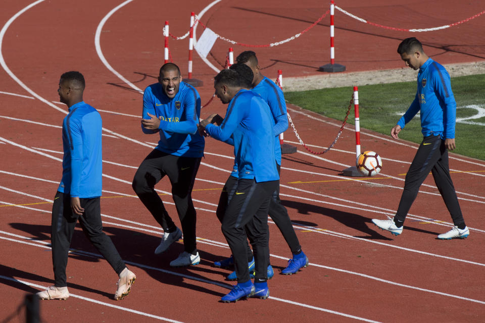 Boca Junior players leave a training session in Madrid, Spain, Thursday, Dec. 6, 2018. The Copa Libertadores Final will be played on Dec. 9 in Spain at Real Madrid's stadium for security reasons after River Plate fans attacked the Boca Junior team bus heading into the Buenos Aires stadium for the meeting of Argentina's fiercest soccer rivals last Saturday. (AP Photo/Paul White)