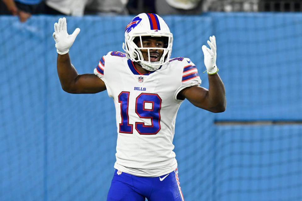 Buffalo Bills wide receiver Isaiah McKenzie reacts to a penalty call against a teammate after he returned a kickoff 101 yards for an apparent touchdown against the Tennessee Titans in the second half of an NFL football game Monday, Oct. 18, 2021, in Nashville, Tenn. (AP Photo/Mark Zaleski)