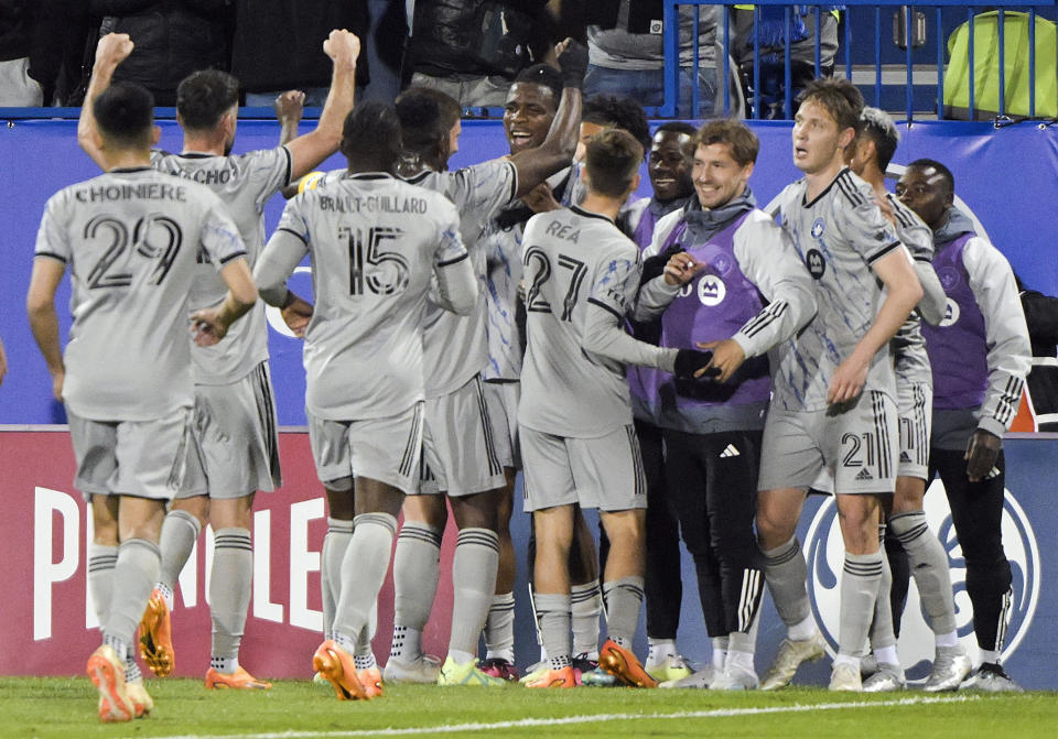 CF Montreal players celebrate after a goal by Chinonso Offor against Toronto FC during second-half MLS soccer match action in Montreal, Saturday, May 13, 2023. (Graham Hughes/The Canadian Press via AP)