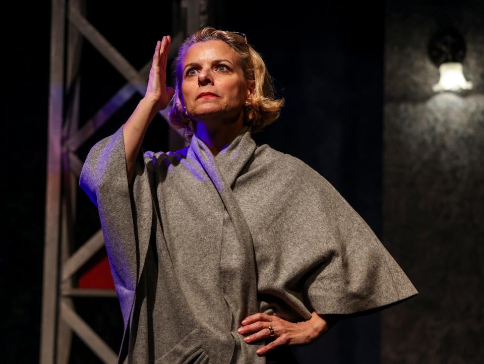 Editor-in-chief Emily Penrose, played by Christine Tringali Nunes, reacts with frustration to an argument during a scene in a dress rehearsal for Desert Ensemble Theatre's "The Lifespan of a Fact" at the Palm Springs Cultural Center in Palm Springs, Calif., Wednesday, Jan. 24, 2024.