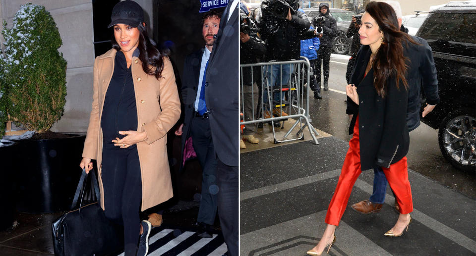 Meghan Markle departs from New York after her baby shower, thrown by Amal Clooney. (Photos: Gotham/GC Images, Adrian Edwards/GC Images)