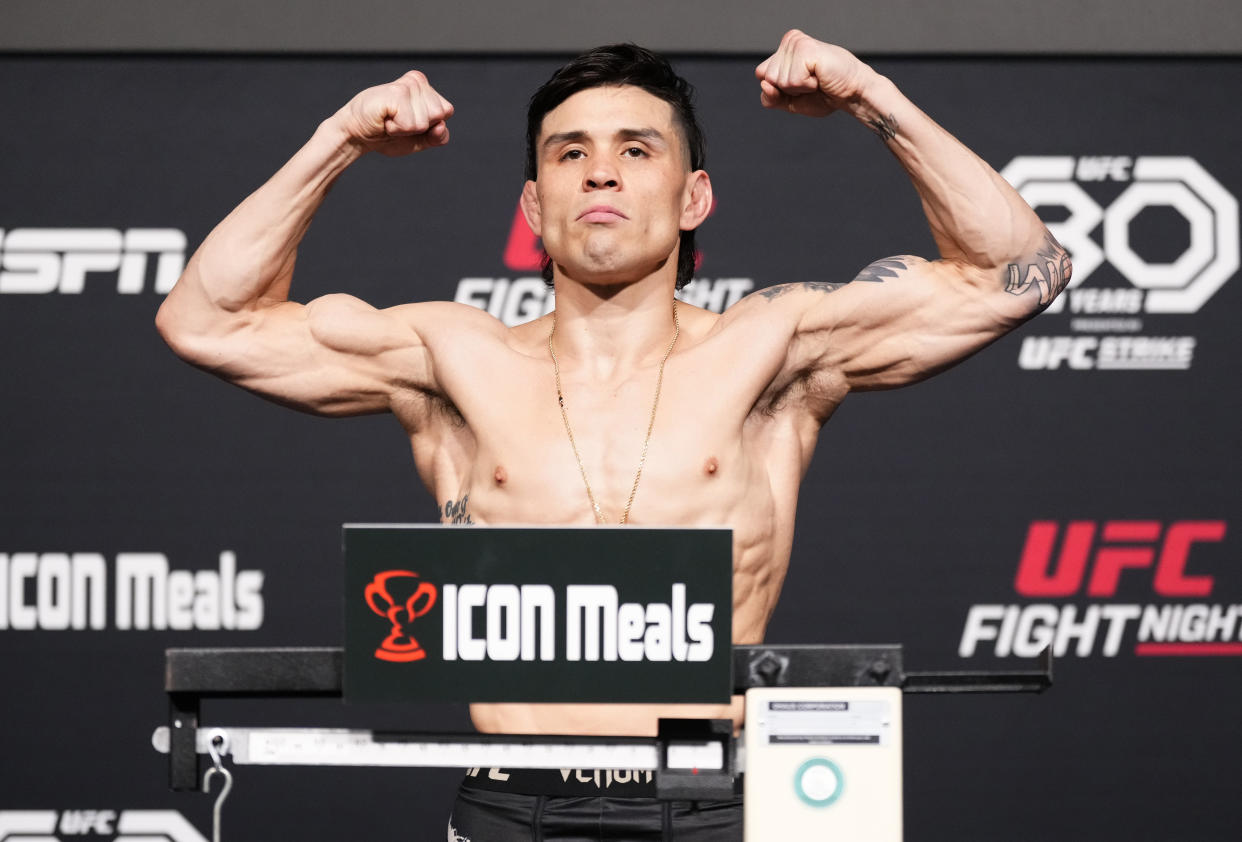 Ricky Simon poses on the scale during the UFC Fight Night weigh-in at UFC APEX on April 28, 2023 in Las Vegas, Nevada. (Photo by Jeff Bottari/Zuffa LLC via Getty Images)