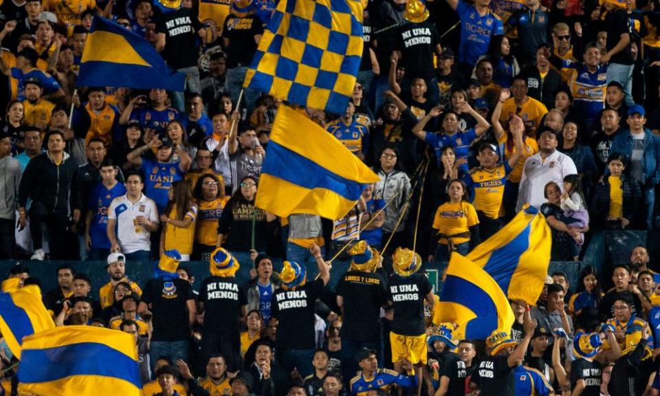 Fans of Mexican football team Tigres wear Ni Una Menos T-shirts to highlight the country’s femicides, at a match against Pumas in Monterrey in February 2020.