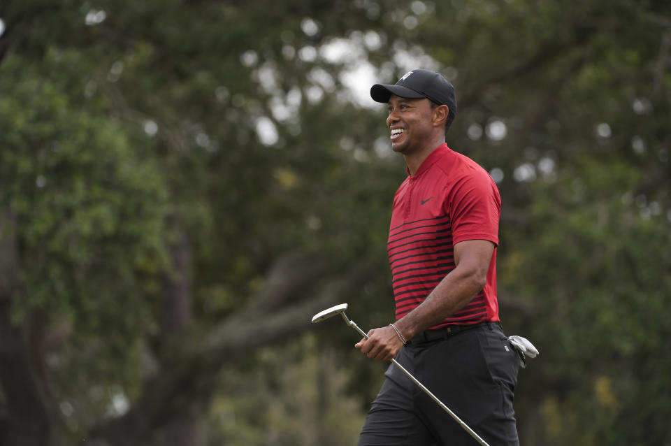 Tiger Woods reacts to making a birdie putt on the 17th green during the final round of the Valspar Championship at Innisbrook Resort (Copperhead) on March 11, 2018, in Palm Harbor, Florida. (Photo by Ryan Young/PGA Tour)