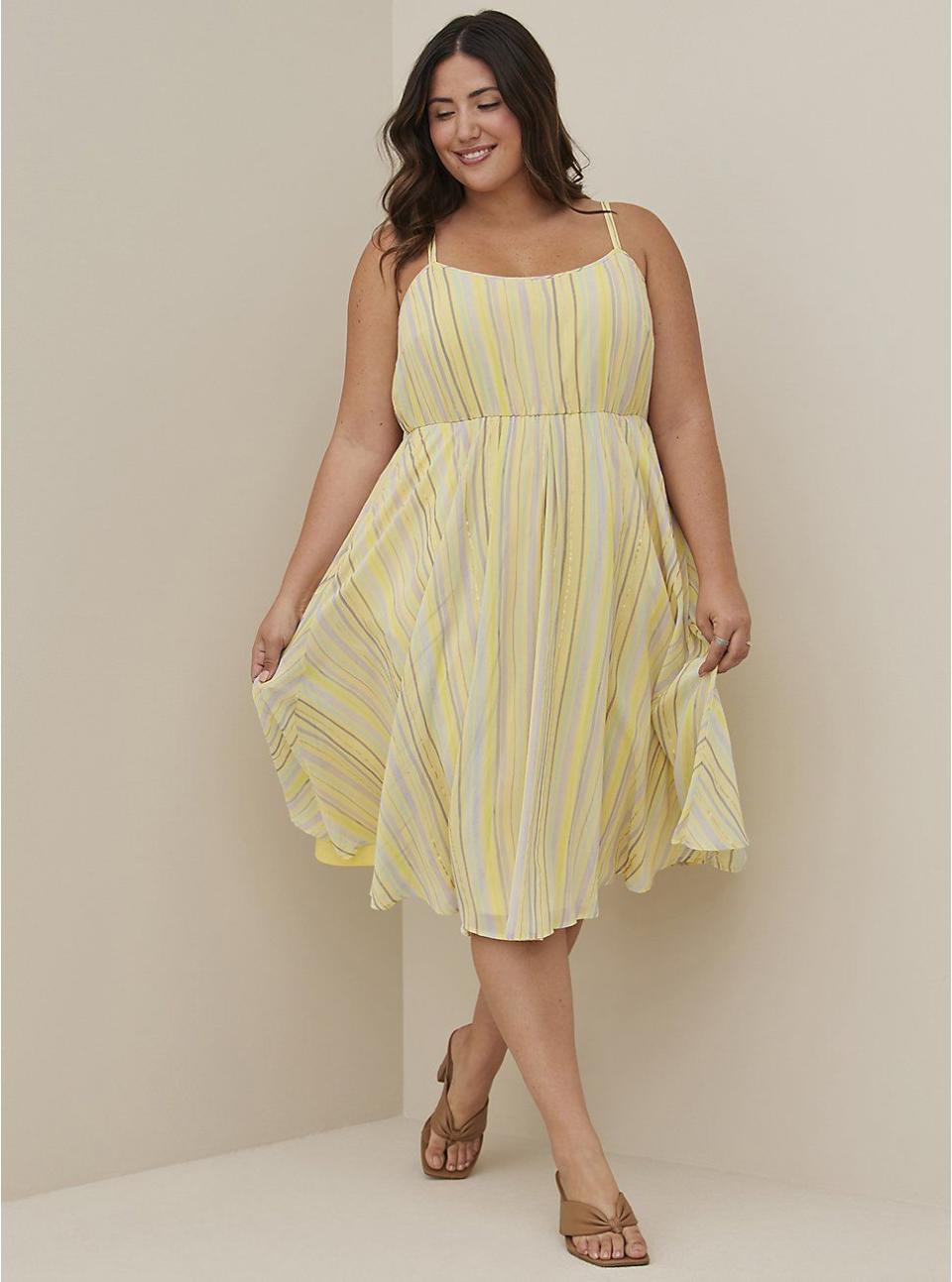 16) Pleated Midi Dress - Chiffon Striped Yellow