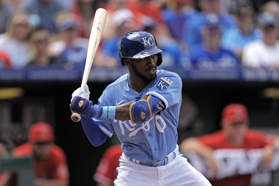 Kansas City Royals' Samad Taylor bats during the second inning of a baseball game against the Los Angeles Angels Saturday, June 17, 2023, in Kansas City, Mo. (AP Photo/Charlie Riedel)