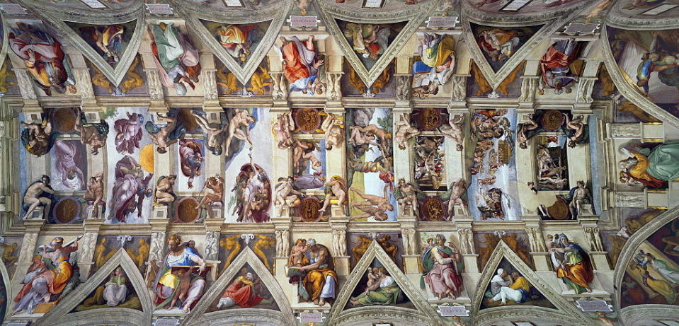 Before Michelangelo's infamous art, the ceiling was blue and freckled with stars. Pope Julius II requested that Michelangelo paint a geometric ornament on the ceiling and depict the twelve apostles in surrounding spandrels. Michelangelo proposed Old Testament scenes instead.In 1510, two years later, Michelangelo took a yearlong break from working on the Sistine Chapel. The art he completed after this break is noticeably different, showing the bare bones of Old Testament stories on a huge scale.Location: Sistine Chapel, Apostolic Palace, Vatican City.