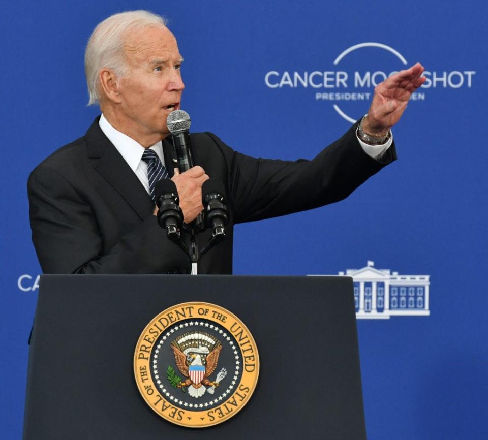 President Joe Biden talks about his goal of ending cancer during a speech at the JFK Presidential Library on Sept. 12 in Boston.