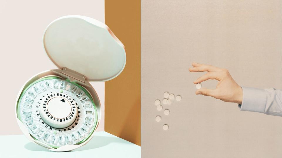 Left: Birth control pill case with days marked. Right: Hand reaching for pills on flat surface