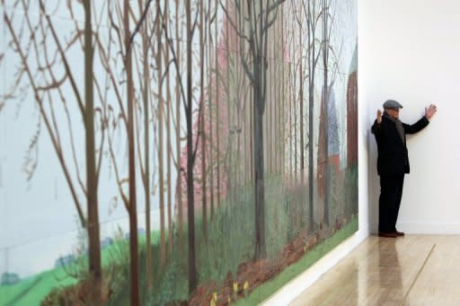 David Hockney at an earlier London exhibition of his work. Britain's greatest living artist, David Hockney, has swapped the Californian sunshine for the landscape of his native Yorkshire for a blockbuster exhibition which goes on show this week