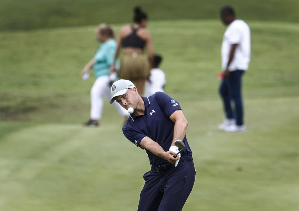 Jordan Spieth hits on the 17th hole during the first round of the FedEx St. Jude Championship golf tournament at TPC Southwind in Memphis, Tenn., Thursday, Aug. 10, 2023. (Mark Weber/Daily Memphian via AP)