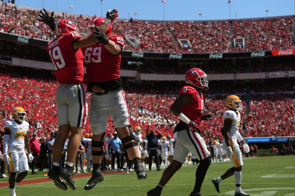 Georgia tight end Brock Bowers (19) celebrates a touchdown as Georgia takes on Kent State at Sanford Stadium in Athens, Ga. on Saturday, Sept 24th, 2022.