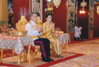 Thailand's King Maha Vajiralongkorn and Queen Suthida attend a religious ceremony for the coronation inside the Grand Palace in Bangkok, Thailand, May 3, 2019. The Committee on Public Relations of the Coronation of King Rama X via REUTERS