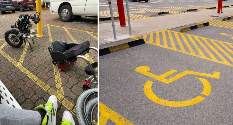 An Aussie wheelchair user using the extra space between accessibility parking spots. 